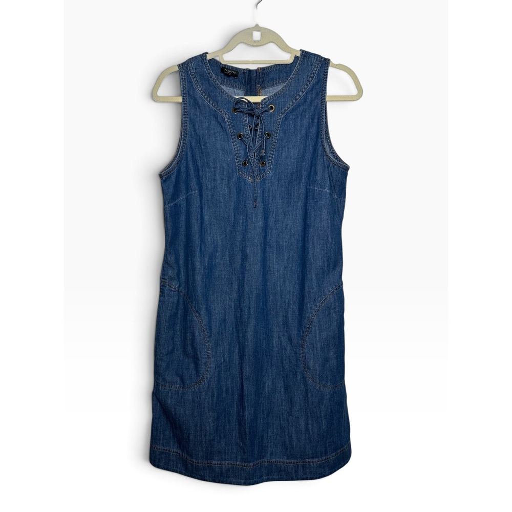 Talbots Denim Lace Up Shift Dress Blue Cotton Sleeveless Size 10P NEW - Picture 3 of 8